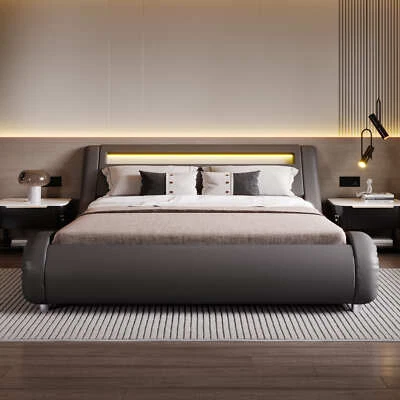 Curve Deluxe Upholstered Modern Bed Frame with LED Headboard, Dark Grey - Image 1 of 4