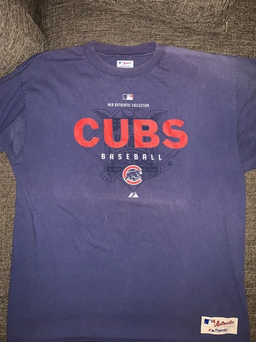 Majestic Chicago Cubs Shirt Mens XL Blue Red Authentic Short Sleeve MLB Logo Cover