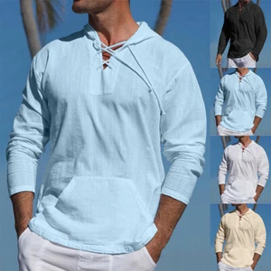Men Hooded Pullover Blouse Tunic Cotton T-Shirt Tops Tee Long Sleeve Sport Top + - Picture 1 of 23