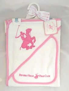 BEVERLY HILLS POLO CLUB BABY HOODED TOWEL, WASHCLOTH SET White Pink 100% COTTON - Picture 1 of 10