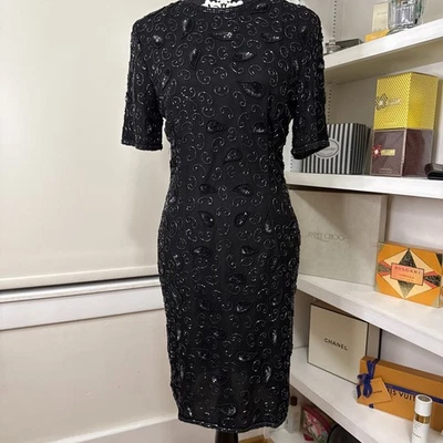 复古 Stenay 黑色串珠亮片丝绸礼服 8 码 — 第 1/4 张图片