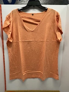 New Women’s 2XL Peach V-Neck Top Short Sleeve Lightweight Summer Tee Crisscross - Picture 1 of 2