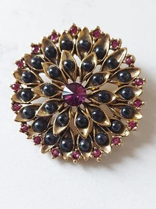 Gold Tone Sunburst Brooch Amethyst Tone Faceted Rhinestones - Picture 1 of 12