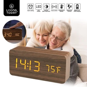 Wooden LED Digital Alarm Clock Temperature Bedside Table Time Display Home Decor - Picture 1 of 20