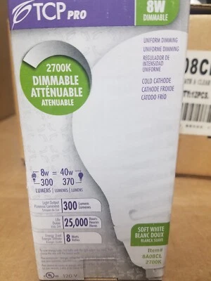 2 Pack Of 8 Watt A19 Cold Cathode CFL Light Bulbs TCP Extended Life 40w Equiv - Image 1 of 3