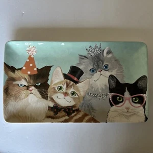 PIER 1 One Cats Serving Tray “Party Cats” Ironstone Rectangular 14" x 8" Platter - Picture 1 of 8