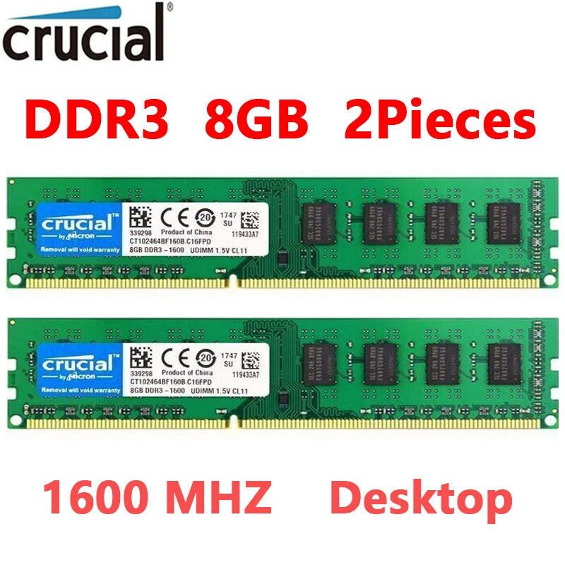 Crucial DDR3 16GB (2X8GB) KIT 1600 MHz PC3-12800 DIMM 240Pin non-ECC Memory RAM - Image 1 of 4