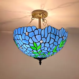 Tiffany Style Ceiling Lights Blue Stained Glass Green Leaves 16"H*16"W*16"D - Picture 1 of 6