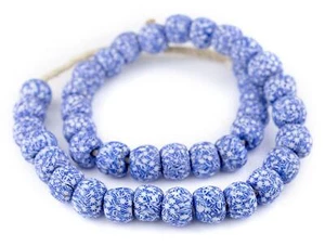 Blue & White Fused Recycled Glass Beads 18mm Ghana African Round Large Hole - Picture 1 of 3