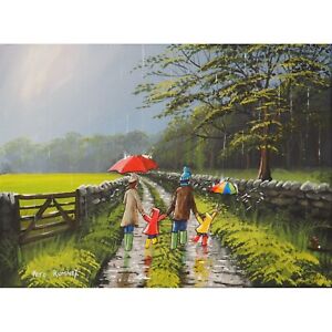Pete Rumney Art Original Canvas Painting Explorers In The Rain Family Fun Signed