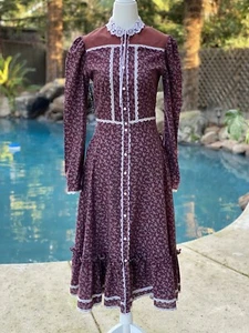Gunne Sax Midi Dress Size 9 Vintage Button up 1970s  Maroon Floral Corduroy - Picture 1 of 12