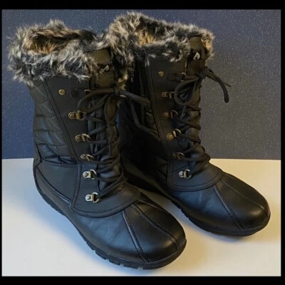Sporto Winter Snow Boots Women's SZ 9 Warm Faux Fur Lined Mid Calf Black Quilted - Image 1 of 4