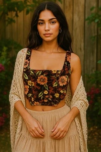 Y2K Velvet Burnout Floral Boned Crop Top Romantic Whimsical Goth Festival Size M - Bild 1 von 7