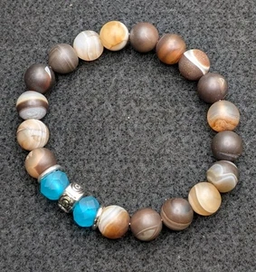 Boho Statement Blue Brown Mixed 10mm Beaded Stretch Bracelet (17cm) S/M Wrist  - Picture 1 of 5