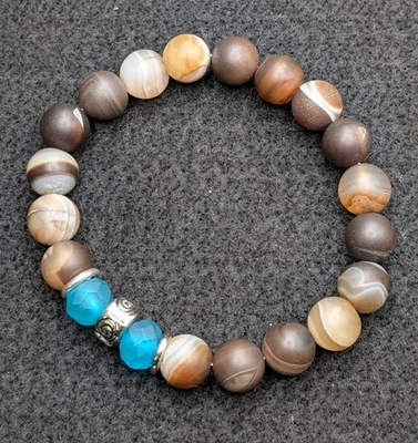 Boho Statement Blue Brown Mixed 10mm Beaded Stretch Bracelet (17cm) S/M Wrist  - Image 1 of 4