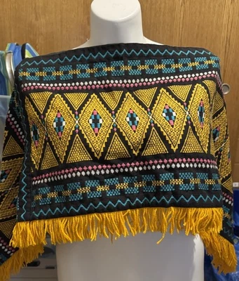 Southwest Navajo Style Cropped Cape Poncho Fringe Lined Unbranded - Image 1 of 4