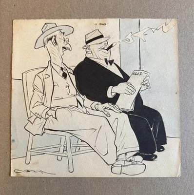 Vintage Chango Cabral Ink on Paper – Humorous Portrait of Two Men 8x8.25 Inches - Изображение 1 из 2