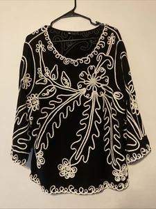 Carole Little besticktes Boho-Damenoberteil schwarz weiß 3/4-Arm Größe 2X - Bild 1 von 4