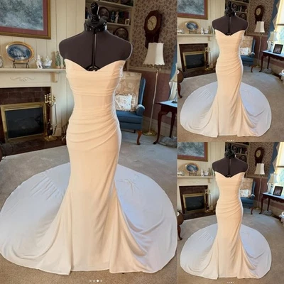 Simple Satin Mermaid Wedding Strapless Dresses Sweep Train Ruching Bridal Gowns - Image 1 of 4