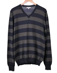 Burberry London Blue Green Block Stripe V-Neck Jumper Pullover Wool Sweater L - Picture 1 of 6