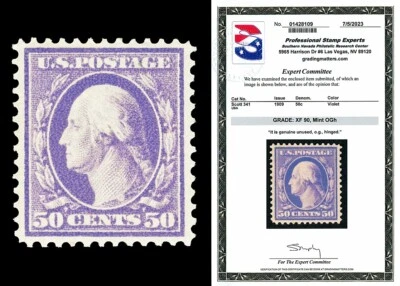 Scott 341 1909 50c Violet Washington Mint Graded XF 90 LH with PSE CERT - Image 1 of 2