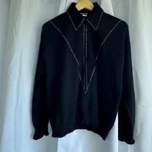 Maglione maglia girocollo vintage nuovo senza etichette RSB impreziosito da strass nero taglia L - Foto 1 di 8