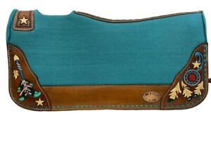 Klassy Cowgirl 28"x30" TEAL BARREL STYLE FELT SADDLE PAD Painted feather designs
