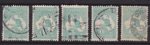 KANGAROO 1930 1/- Blue-Green SMALL MULTI WMK X5 USED SG 109 CV$90  (NF127) Cover