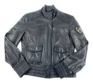 St. John Coat Collection by Marie Gray Gold Black Leather Bomber Jacket Sz XS - Picture 1 of 11