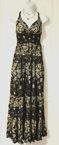 Intimately Free People Black Rust Tiered Maxi Dress Floral Boho V Neck Sexy Tie - Picture 1 of 12