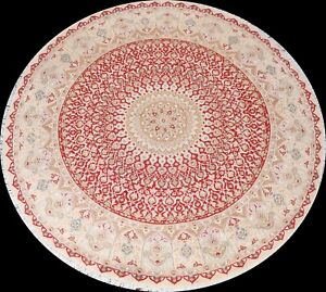 RED Vegetable Dye Tebriz Oriental Hand-knotted Area Rug Geometric Wool 8x8 Round