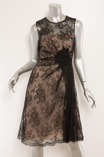 Abito smanicato VALENTINO nero pizzo trasparente nudo fiori ricamato 8 NUOVO $3990