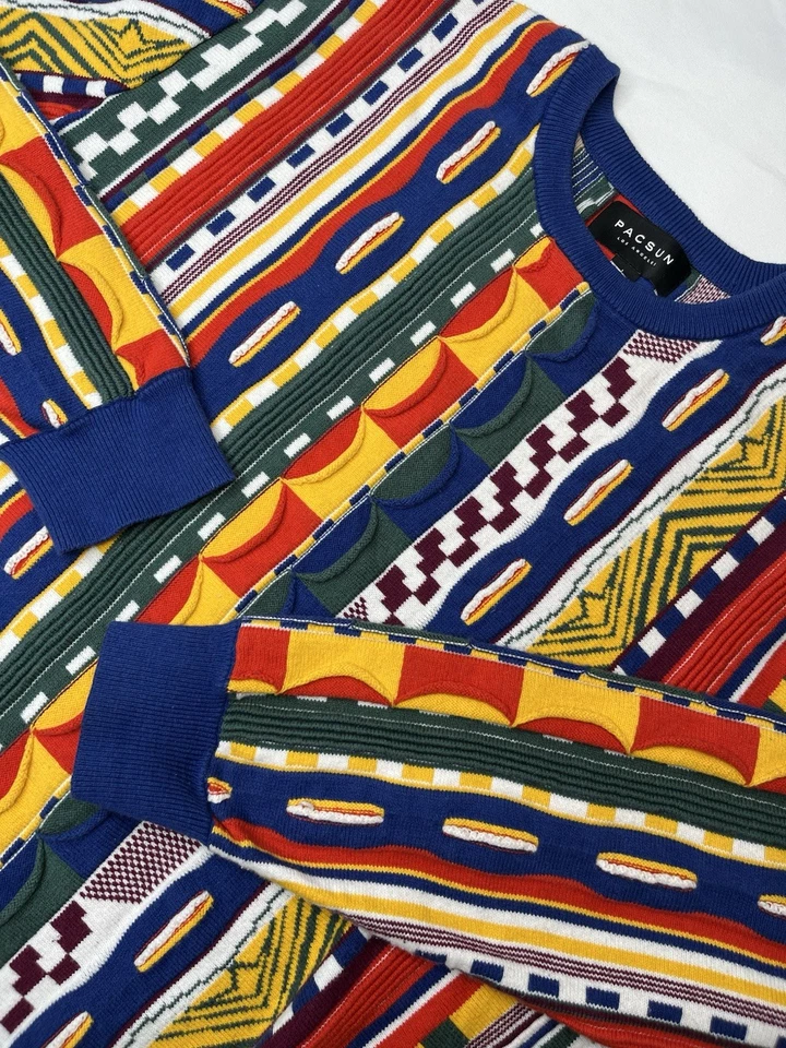 Suéter Estilo Coogi PACSUN Arco Iris Negro Tejido 3D Hombres Grande Cosby Biggie Años 90 Retro Foto 1 de 4