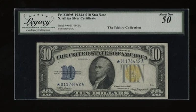 DBR 1934-A $10 North Africa Silver STAR Fr. 2309* Legacy AU-50 Serial *01174442A - Image 1 of 2
