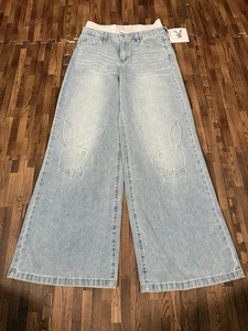 Playboy Denim Jeans Women's 9 Wide Leg Pants Embroidered Bunny Logo Light Wash - Picture 1 of 5