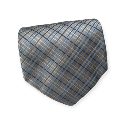 Corbata de cuello Hickey Freeman Collection azul pizarra marrón tostado seda a cuadros Foto 1 de 4