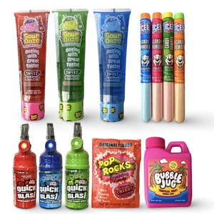 Paquete de 8 muestras Sour Candy tamaño completo | Sour Ooze, explosión rápida, jarra de burbujas, Pop R - Imagen 1 de 7