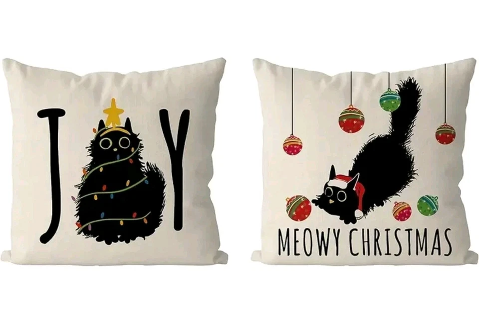 Funda de Almohada Navidad Gato Negro Funda de Almohada JUEGO 2 Envío GRATIS 18 X 18 In Foto 1 de 1