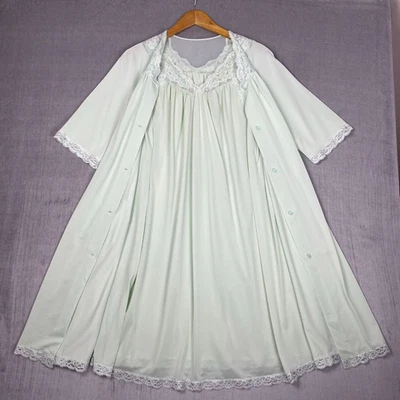 Vtg Shadowline Peignoir SET Womens Medium Nightgown & Robe Mint Green Lace Angel - Image 1 of 4