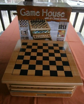 Cardinal 2002 GAME HOUSE 10 Classic Games WOOD Boards & Box Chess Checkers Pachi - Image 1 of 4