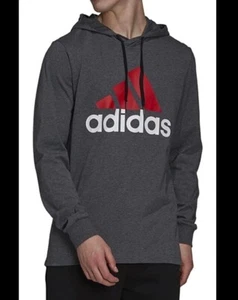 Adidas Mens Long Sleeve T Shirt Hoodie LT Large Tall Big Logo Hooded Gray Red - Picture 1 of 7