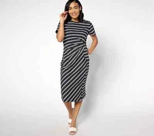 AnyBody Regular Tossed Stripe Cotton Knit Midi Dress-Black/Natural-2X-A637025 - Picture 1 of 2