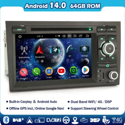 4+64GB 8-Core Android 14 Car Stereo DVD Radio for Audi A4 S4 RS4 8E 8F Seat Exeo - Image 1 of 4