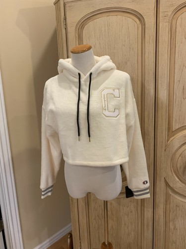 OFF WHITE Felpa con cappuccio Champion donna pelliccia sintetica cropped logo blocco C avorio S nuova con etichetta