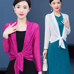 Lady Shrug Bolero Cardigan Top Sheer Floral Mesh Cape Tie Up Open Front Cover Up - Picture 1 of 28