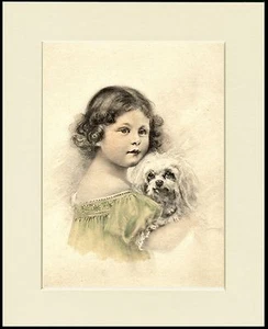MALTESISCHER HUND UND KLEINES MÄDCHEN CHARMANTER DRUCK MONTIERT RAHMENFERTIG - Bild 1 von 1