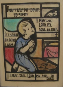 NIÑO ORANDO de la década de 1920 con impresión de bloques de madera de perro - estilo vitral - ART DECO - Imagen 1 de 10
