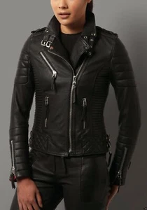 Chaqueta de Cuero Genuino Mujer Motociclista Motocicleta Chaqueta de Cuero Suave Piel de Cordero - Imagen 1 de 6