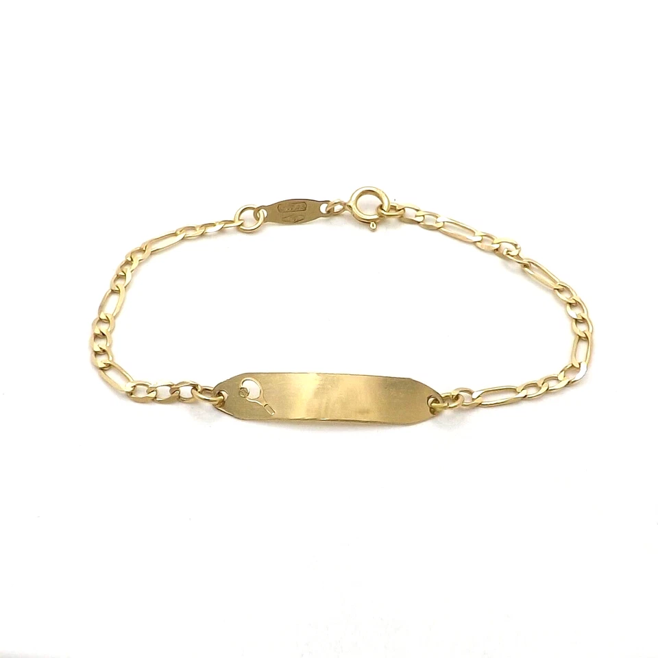 Solid 18k Gold Tennis Id Nameplate Figaro Link Child Baby Bracelet Italy 750 New - Image 1 of 4