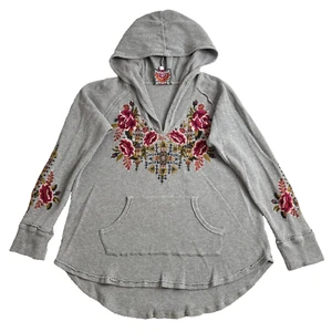 Johnny Was Axton Thermal Hoodie Womens Large Gray Floral Embroidery Pullover - Picture 1 of 13